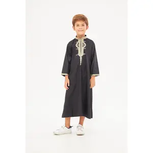 Amir Embroidery Gold Print Boys Thobe - Black
