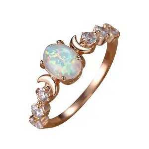 Oval white opal moon ring, retro light luxury ring simple style zircon ring, moonstone ring, cubic zircon personality ring simple women's ring, size 7-9