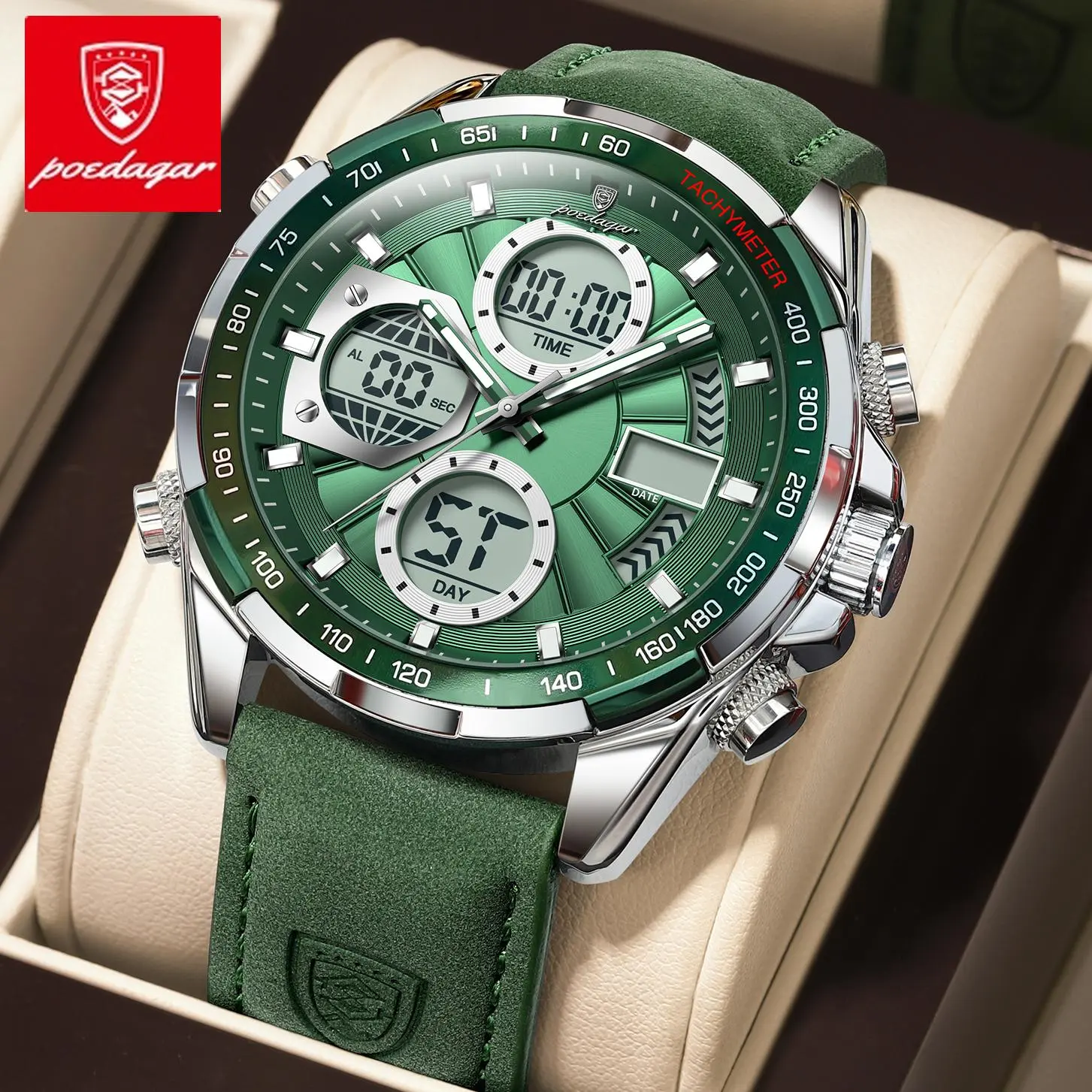 Poedagar Men's Luxury Fashion Stylish Luminous Waterproof Quartz Watch, Bright Week-Date Dual Display, Multifunctional Leather Strap, Luminous Waterproof Watch, Stylish Watch Casual Trendy Wristwatch Casual Wristwatch Set