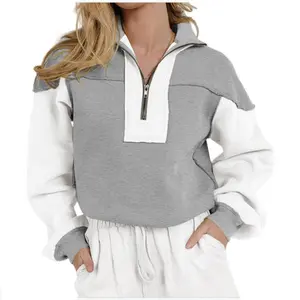 MNLYBABY Womenswear Trendy Loose Tops Sweatshirts Half Zipped Cropped Long Sleeve Color Block Lightweight Pullovers sweatshirt Elastic Casual Matching