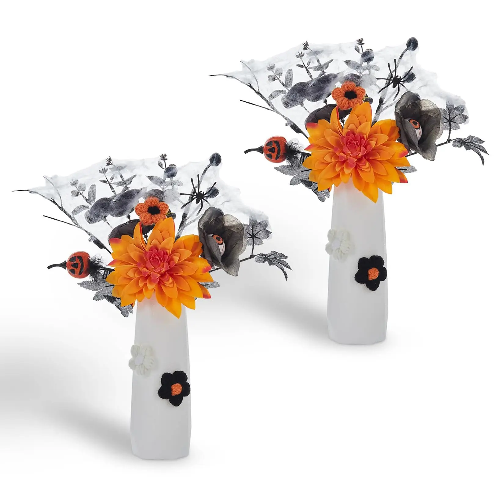 2-Pack Spooky Halloween Synthetic Flower Bouquet with Vase, Black-Orange Decoration - Orange Dahlia, Pumpkin, Eyeball Ornaments for Tabletop Centerpiece, Long-Lasting Outdoor Furniture Decor Includes Vase