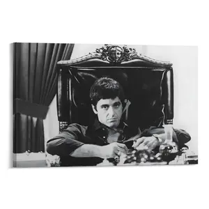 Tony Montana The Boss Wall Print - Scarface Iconic Office Throne Scene Decor, Black & White Al Pacino Artwork, Mens Room Decor for Movie Fans