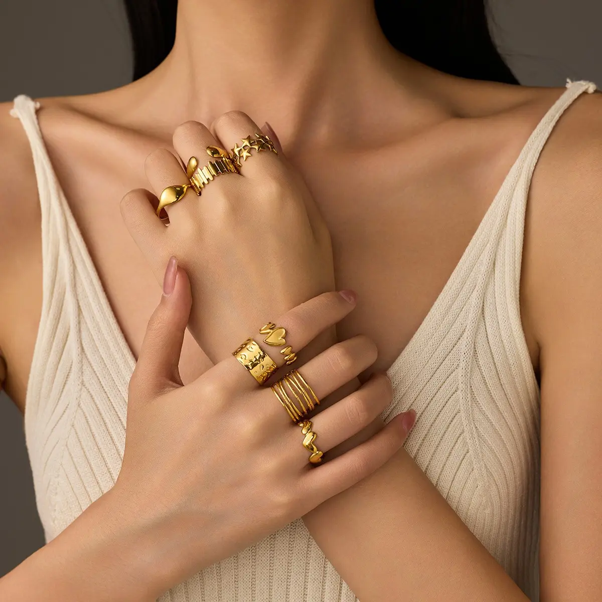APRIL Women's 18K Gold Cuff Wide Stackable Ring Set - 8 Simple Rings for Stacking & Versatile Wear - Lightweight & Durable - Perfect for Christmas & Festivals - Elegant Fashion Accessories