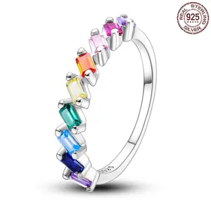 Rainbow Colorful CZ Stackable Ring 925 Sterling Silver Eternity Band Rings for Women Pride Aesthetic Trendy Jewelry Gift