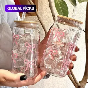 Bow Pattern Water Cup with Lid & Straw, 1 Count 16oz Can Water Cup, Iced Coffee Cup for Tea, Juice & Milk, Birthday Gift, Quencher Tumbler #TOP PICKS