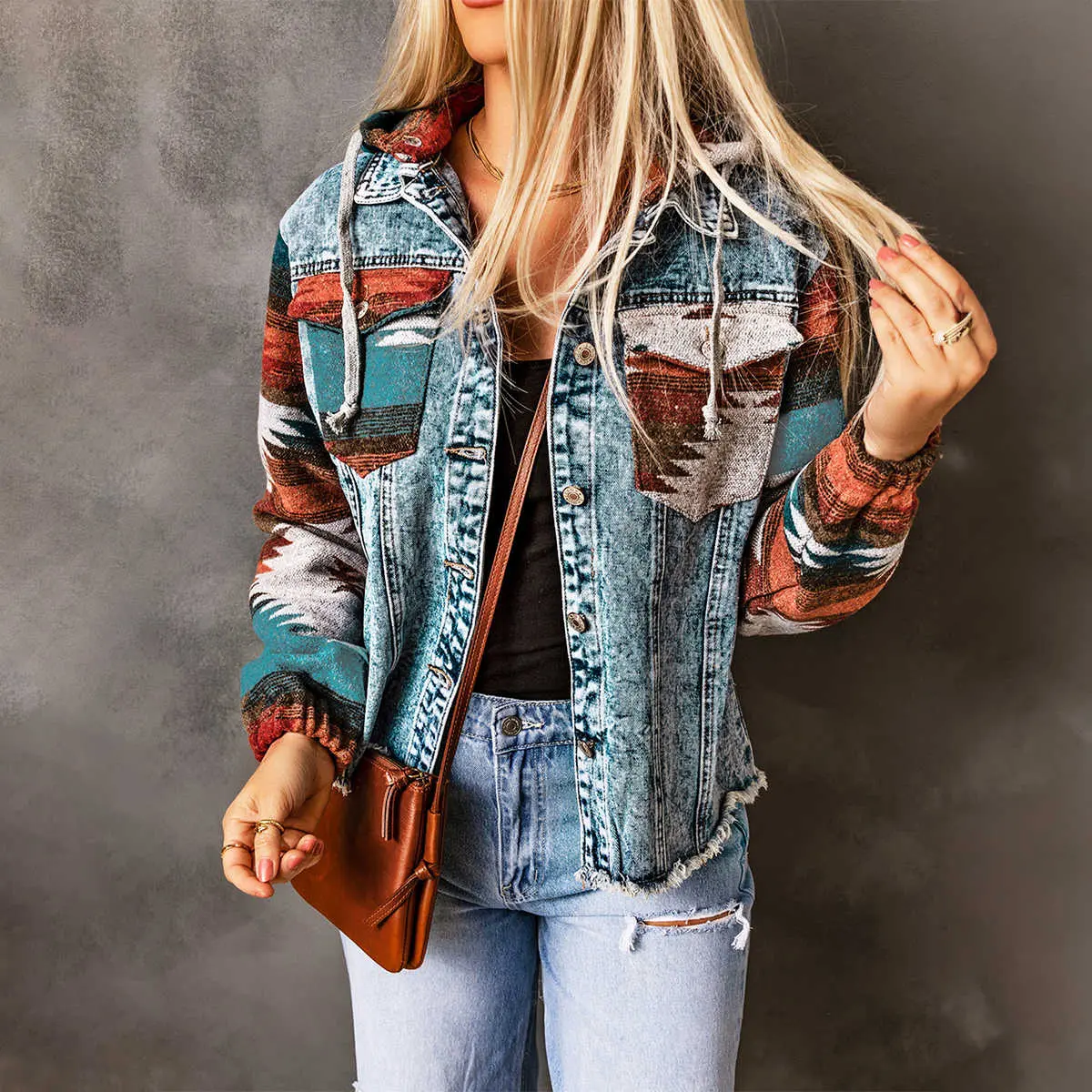 SHAPUM Multicolor Aztec Print Frayed Hem Denim Jacket