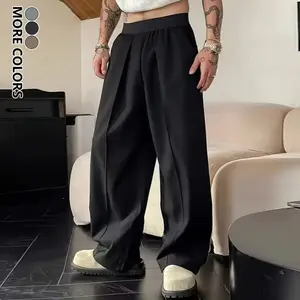 Men's Casual Pants, Elastic Waist Design, Fashion Minimalist Straight Wide-Leg Dress Pants, Pocketed All-Season Versatile Drape Trousers for Daily Outfits