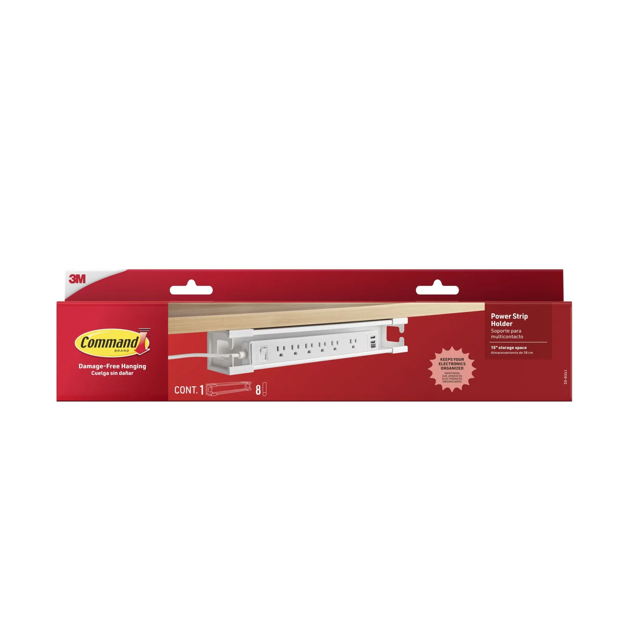 Command™ Power Strip Holder, 1 White Tray, 8 Strips, 15" Storage Space for Power Banks, Great for Damage-Free Desk Organ
