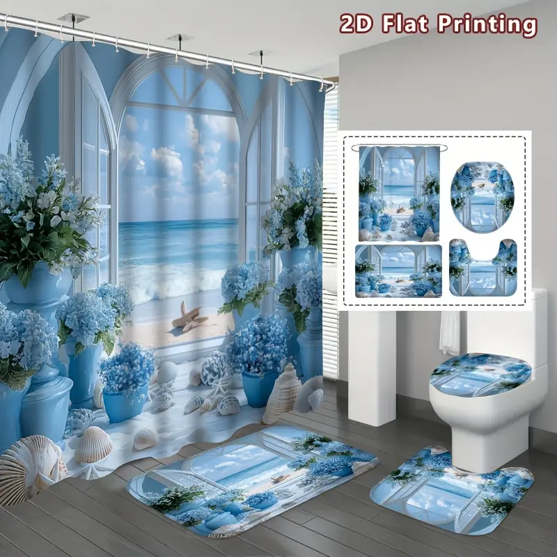 4pcs 2D Flat Coastal Serenity Shower Curtain Set, Blue and White Ocean Bathroom Decor, Accessories with Bath Mat, U-shaped Mat, Toilet Lid Cover, 12 Hooks 70.87x70.87inch Curtain, Beach House Style, Home Decor
