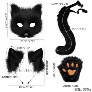 Halloween Plush Fox Mask Set with Paw Simulation Fox Ears Headband Tail Cosplay Accessories