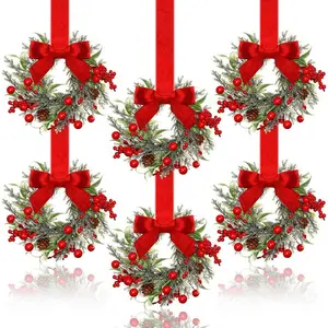 6-Pack Christmas Mini Window Wreaths | Ribbon Bows & Red Berries Decor - Small Cabinet Hangers, Farmhouse Style for Kitchen Door, Perfect for Christmas Party Arrangements