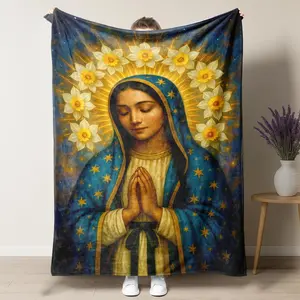 Mary and Garden Theme Blanket, Spiritual Floral Throw 60x80", Ideal for Prayer Room or Cozy Home Gift