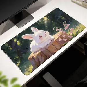 Premium White Bunny On Tree Stump With Pink Flowers Illustration High Quality Mouse Pad Modern Office Gaming Comfort Experience Non Slip Durable For Daily Work And Play  40*80 Size.