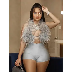 SexyHipster2PieceSetSummerLuxuryFursTankTops+TightStretchShortsMidnightPartySuitsClothesStatementStyleFashionStretchyFabricLoveMatchingOutfitBasicGreyFittedMinimalistSleevelessWomenswearClubwearY2K