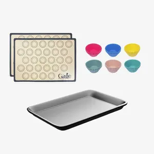Reusable Multi-Color Silicone Round Baking Cups 12-Piece and Silicone Baking Mat 2-Piece (16.5 in. x 11.6 in.) and Baking Pan (16.5 in. x 11.6 in.) Set,ideal for baking, lunch/snack cups, and more Bakeware Baked Brownie Cake