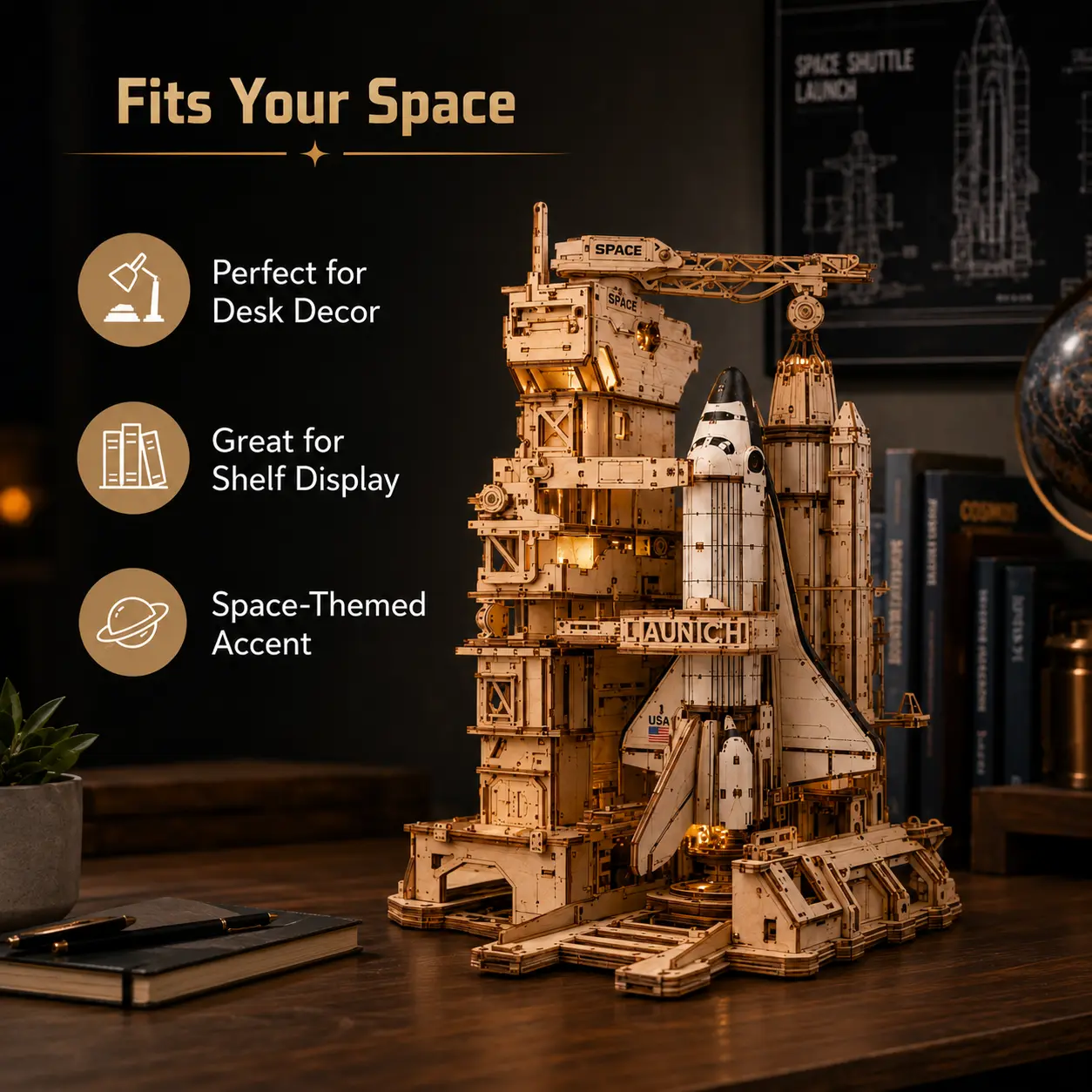 【ROBOTIME 】Wooden Space Shuttle 3D Puzzles Model Kit - DIY Construction Puzzle, Stress-Relief Assembly Toy with Moving Parts, Graduation Gift & Collectible Display for Adults