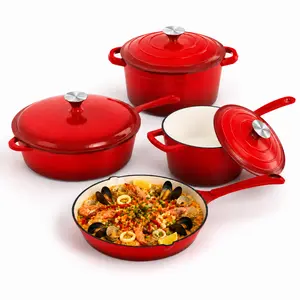 [Summer Vibes] Kitchen Academy Enamel Cast Iron 7 Piece Cookware Set, Dutch Oven Pot with Lid, Red Non Stick Pots and Pans set, Oven Safe up to 500°F