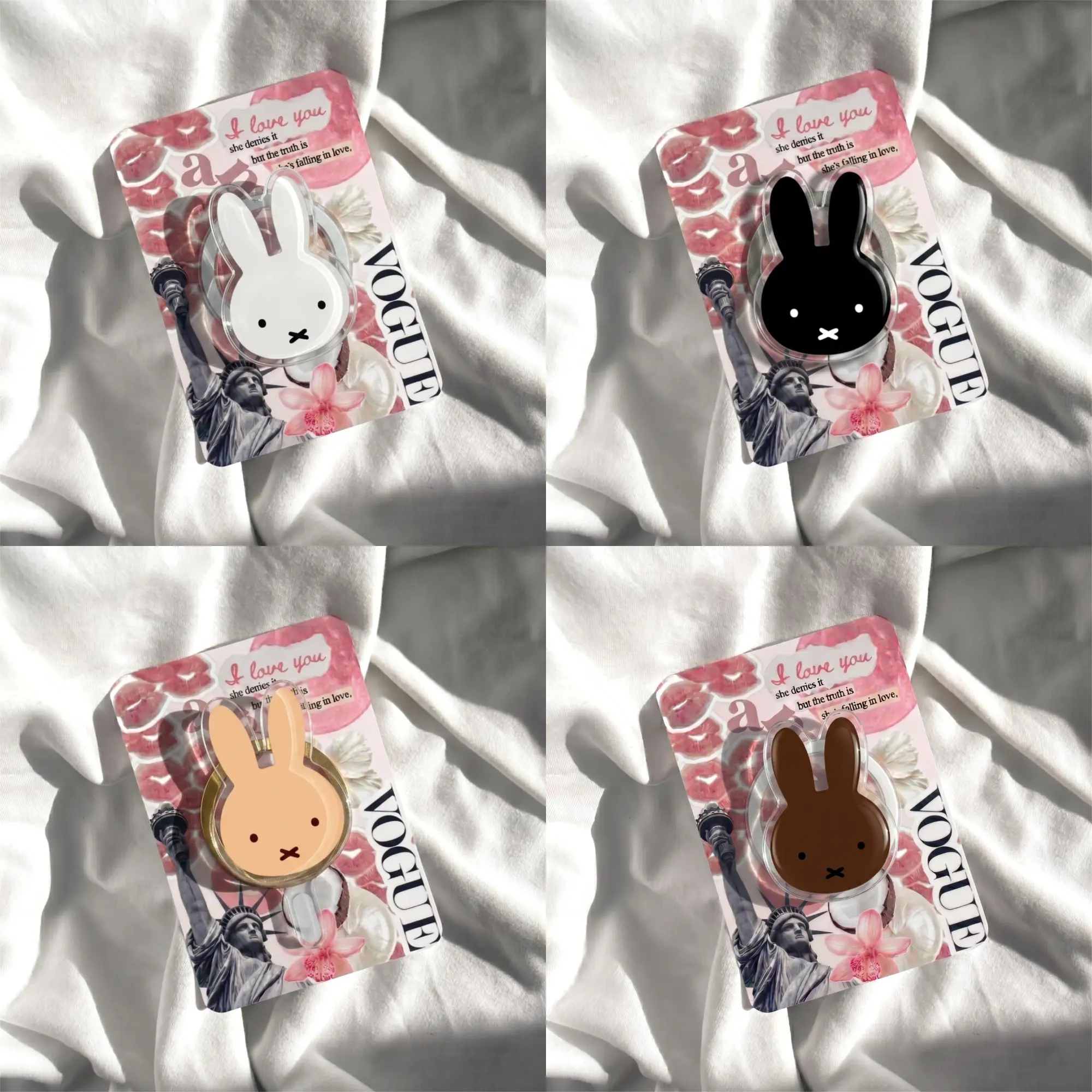 Minimalist Bunny Phone Grip - Cute X Mouth Rabbit Acrylic Phone Stand - Neutral Tone Kawaii Animal Phone Top - Aesthetic Pink Coquette Collage Gift
