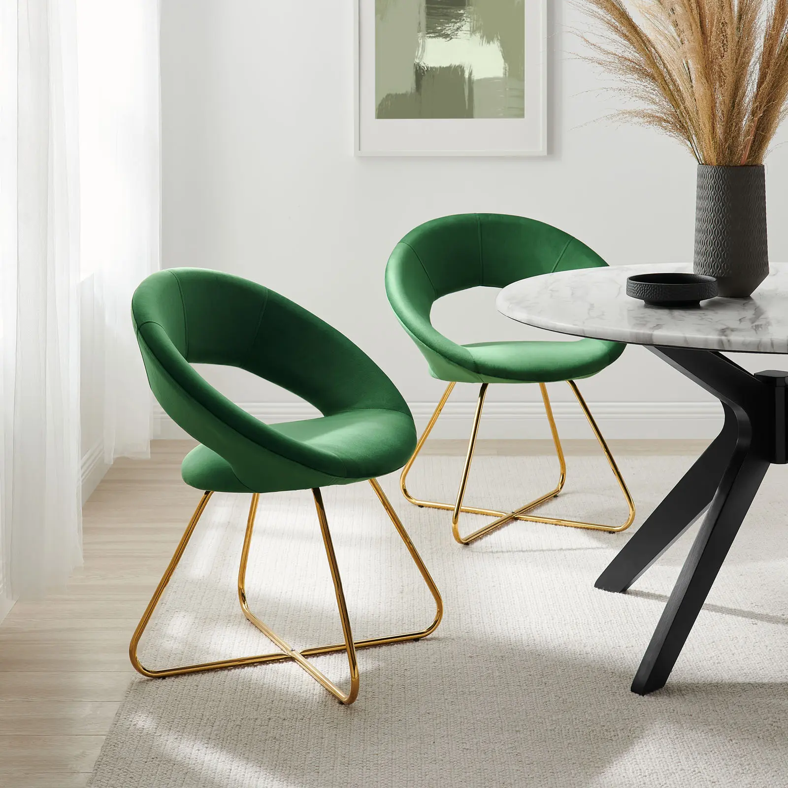 Modway Nouvelle Performance Velvet Dining Room Chairs, Set of 2, Gold-Emerald Modern Accent Chairs for Indoor Furniture, Modern Accent Chair