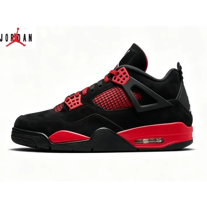Men Air Jordan 4 Retro Red Thunder Black Red Street Shoes