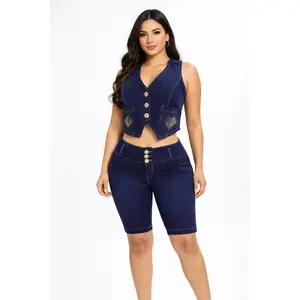 Butiklatina Lady's Basic Casual Denim Lift Clothes Set - High-Quality Full-Stretch ISABELL Fabric, Bermuda Style, Breathable, Pocketed, Fit for Everyday Wear