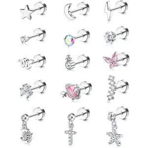 Sanfenly 15Pcs 20G 316L Stainless Steel Flat Back Stud Earrings for Women Men, Snake Star Moon Ball Butterfly Heart Flower Spiral Cartilage Earrings Set