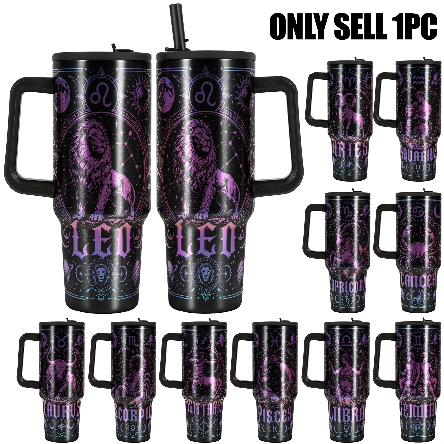 1pc, 40oz Tumbler with Handle and Straw Lid, Leak-Proof 304 Stainless Steel Insulated Travel Mug, Zodiac Constellation Astrology Gifts for Women Men, Double Wall Vacuum Coffee Cup, 12 Signs Birthday Gift, Insulated Drinkware