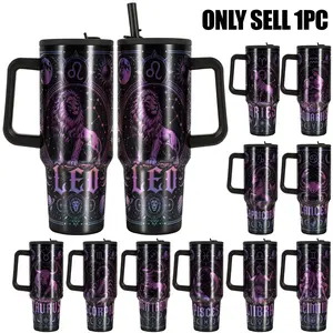 1pc, 40oz Tumbler with Handle and Straw Lid, Leak-Proof 304 Stainless Steel Insulated Travel Mug, Zodiac Constellation Astrology Gifts for Women Men, Double Wall Vacuum Coffee Cup, Flasks, 12 Signs Birthday Gift
