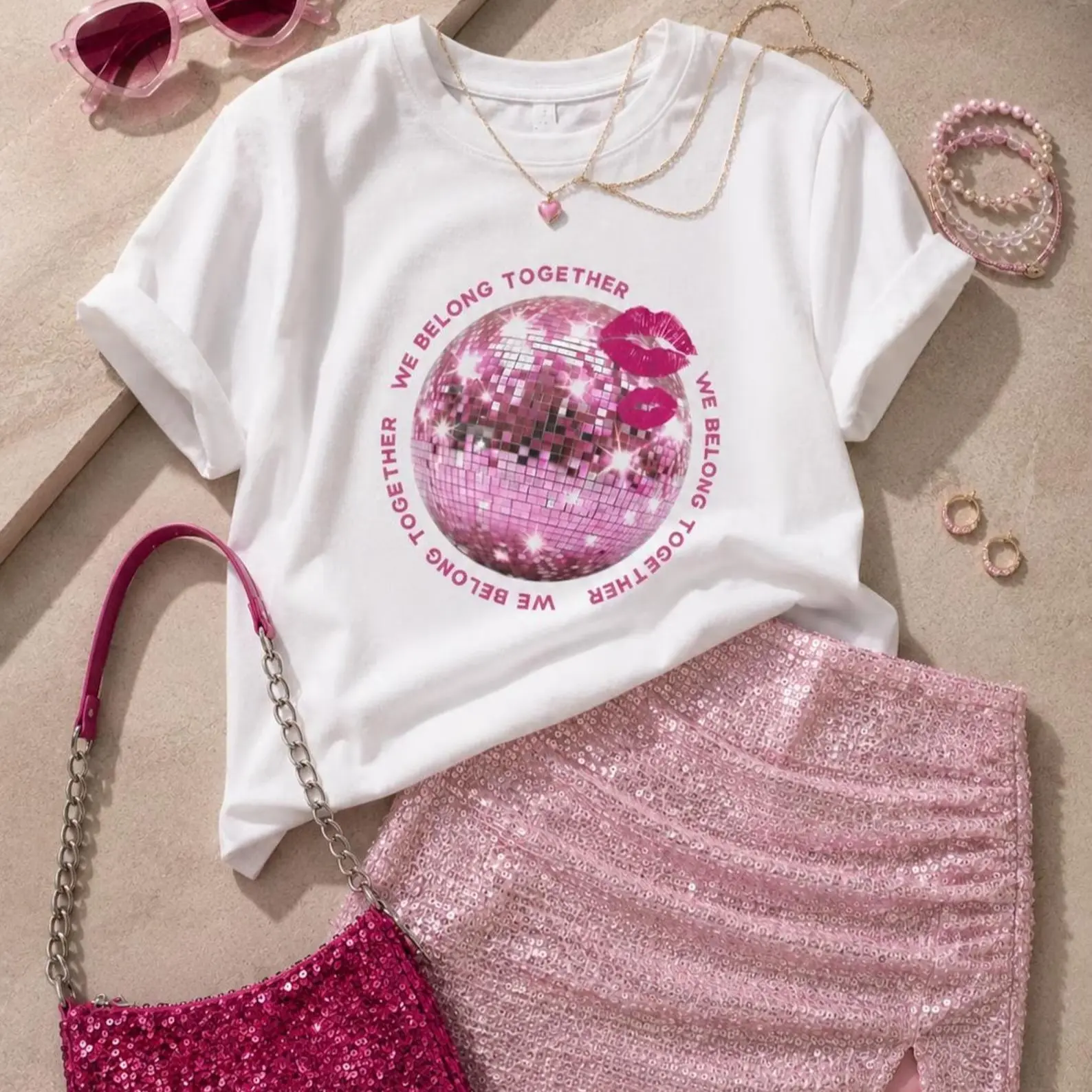 We Belong Together Disco Ball Graphic T-Shirt, Cute Pink Y2K Party Tee for Women, Cute Disco Party Shirt, Pink Mirror Ball Graphic Tee, Gift for Her