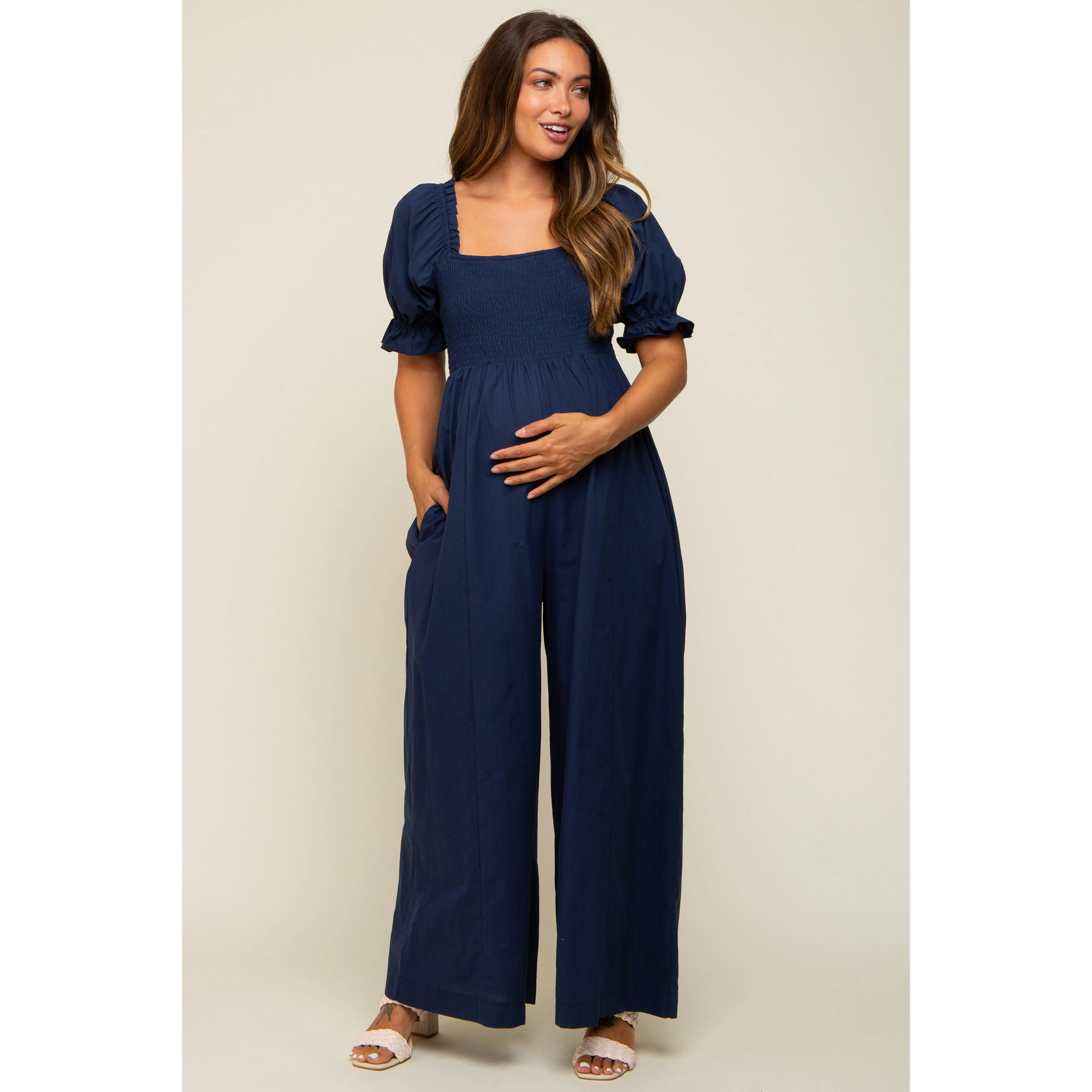 Navy Smocked Square Neck Wide Leg Maternity Jumpsuit, Maternityclothes, Bump Friendly Outfits