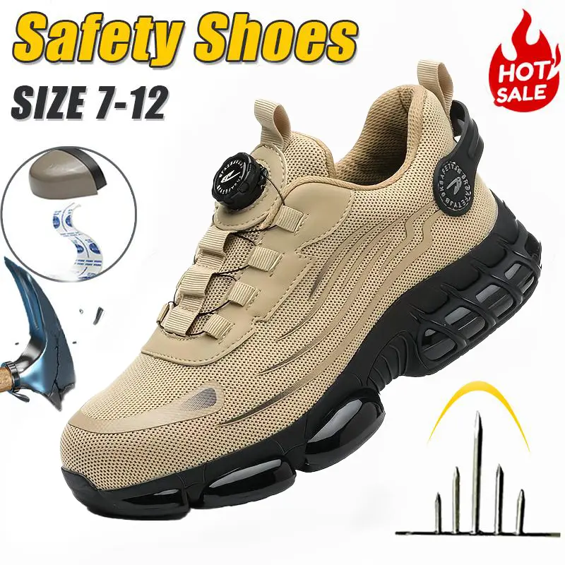 Men's Steel Toe Work Shoes, Casual Striped Mesh Safety Trainers with Elastic Closure and Anti-Slip EVA Sole, Shoe, Walking Shoes