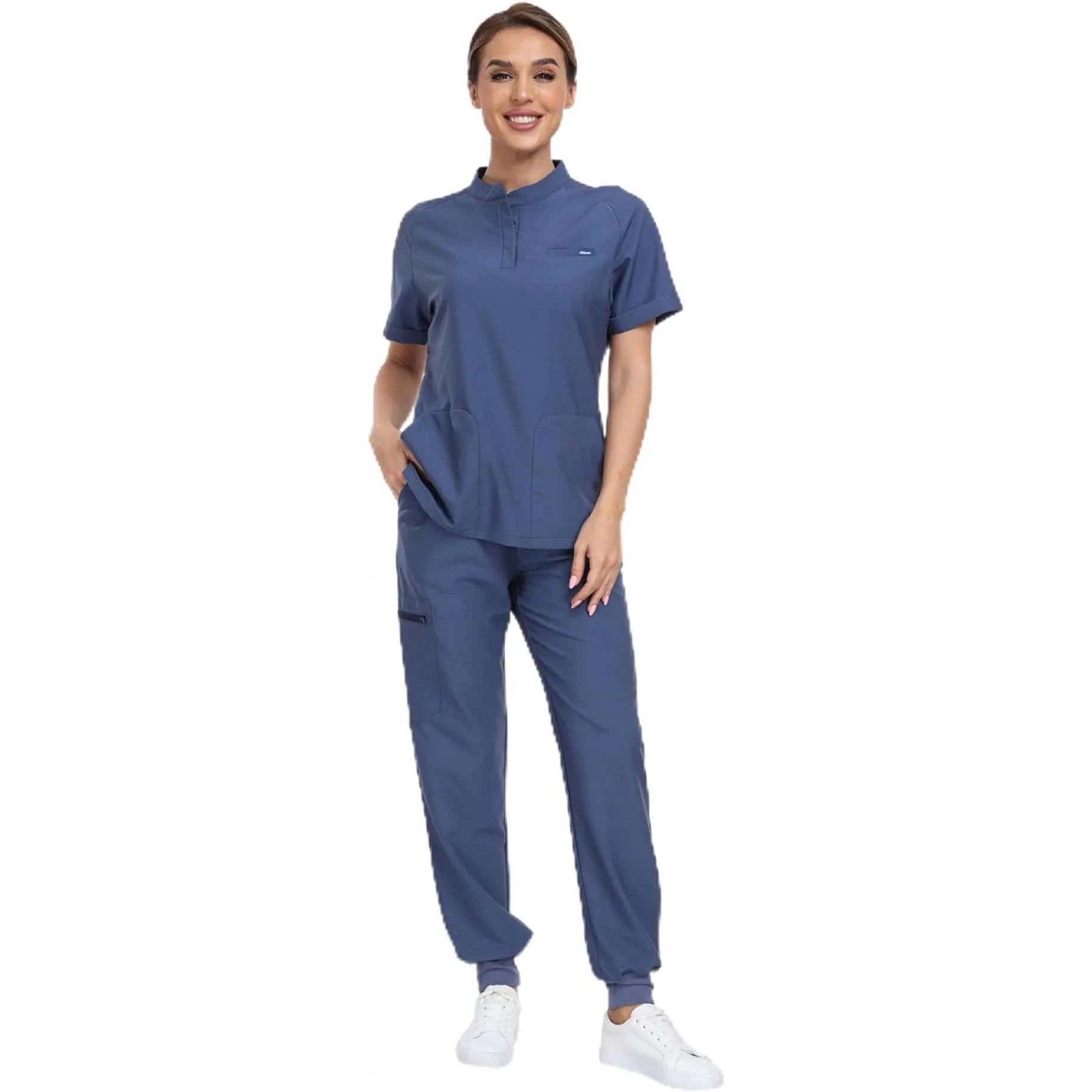 NINSAM Agile Motion Scrubs for Women Set, Stylish Mandarin Collar Top & Jogger Pants, 8 Pockets Stretch Medical Uniform