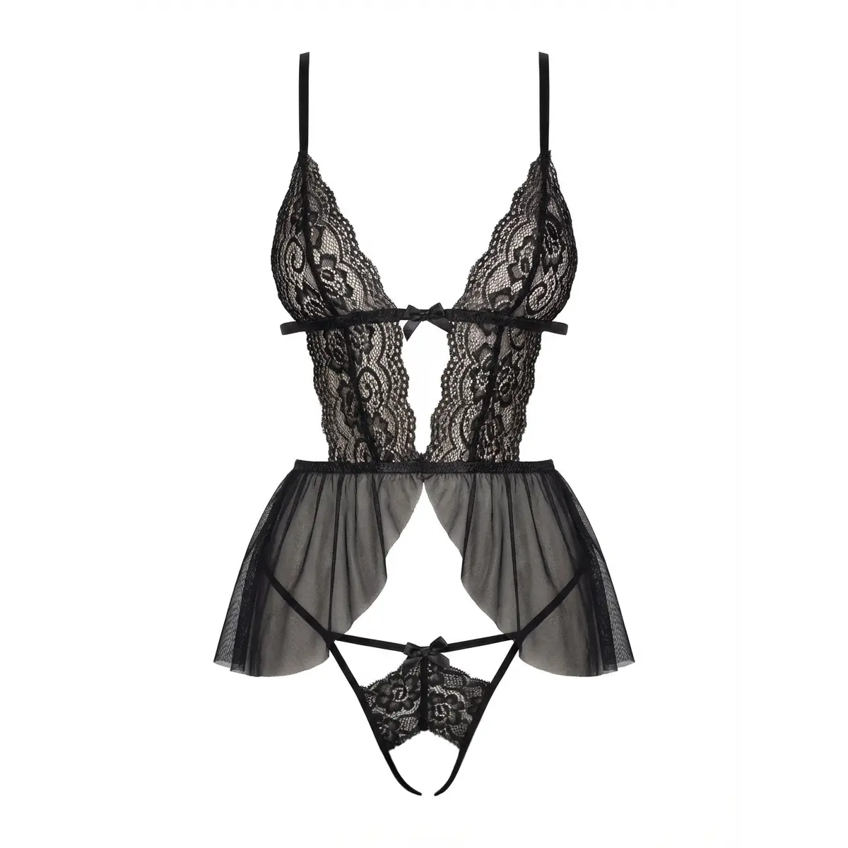 Leg Avenue Late Checkout Women's 2-Piece Lace Panty Cami Sets - Sexy Babydoll with Plunging Bodice, Soft Sheer Mesh, Floaty Skirt, Adjustable Straps, Scallop Edges, Bare Back, Playful Edge, Floaty Movement, Matching Panty, Do Not Bleach