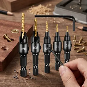 5-Piece Titanium Coated Countersink drill bit set, high precision spiral wood Drill bits for fast 7 clean holes. ideal for Woodworking, DIy furniture Installation. Compatible with #5 #6 #8 #10 #12 Screws. durable multi-size pre-drilling tool kit.