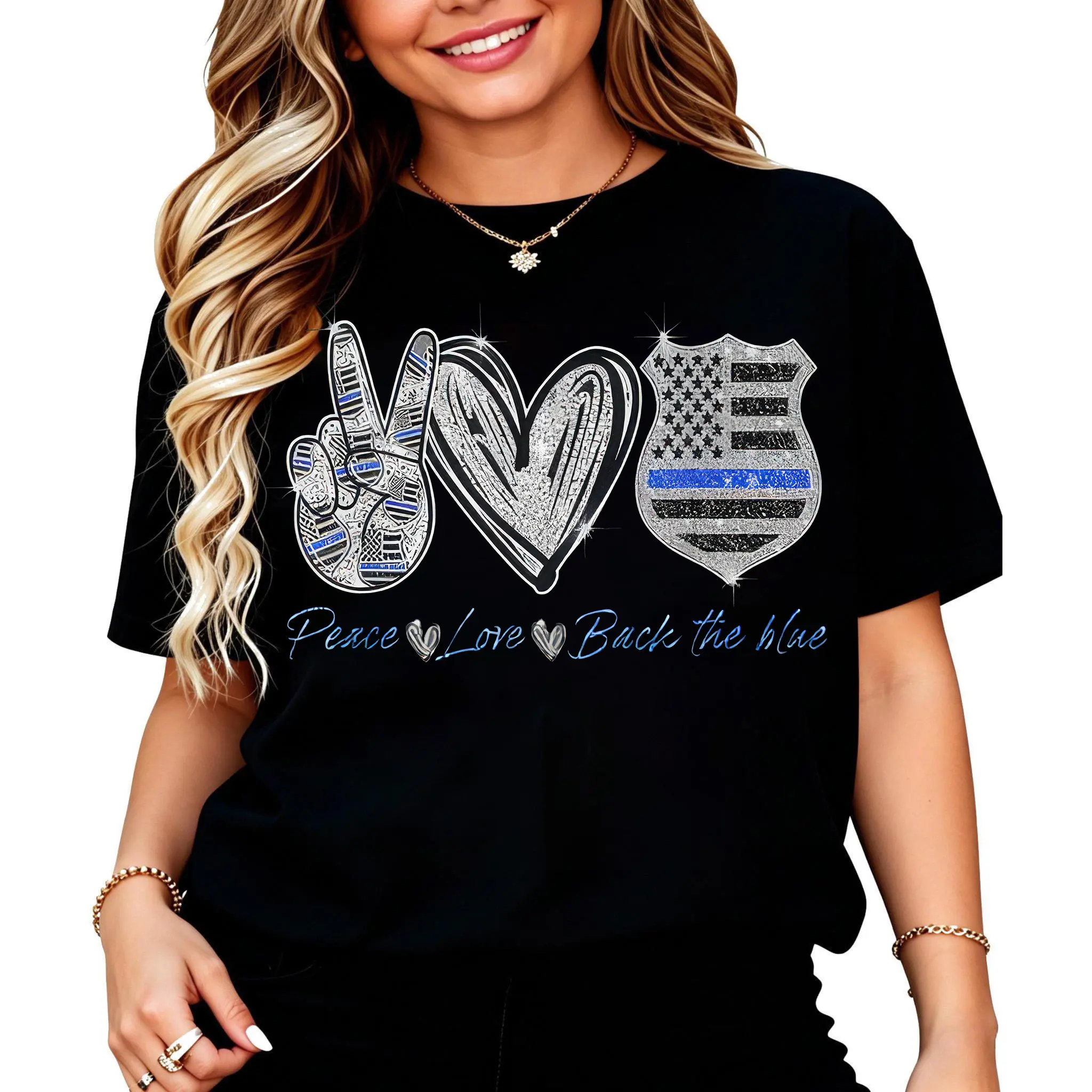 cotton Peace Love Back The Blue Shirt Police Officer Gift T-Shirt casual Fashion graphic tees women