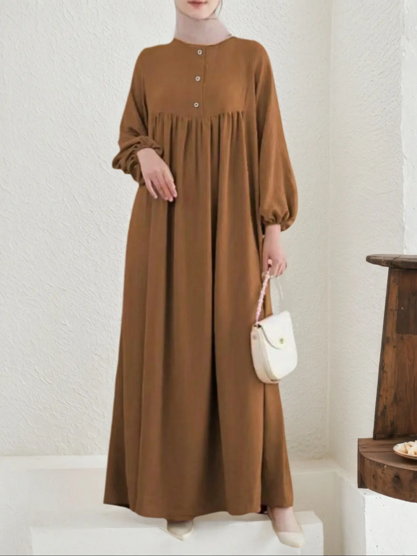 Women's Fashion Casual Humble Round Neck Natural Color Button Dress, Classy Modest Dresses, Modest Clothes, Loose-Fitting Plain Style, Long Sleeve Dresses, All Seasons Wear