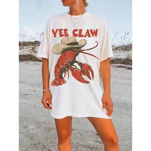 Cowboy Crawfish Vintage Oversized Graphic T-Shirt Beachwear Summer Vacation Western Style Funny Lobster Tee Casual Streetwear Coastal Aesthetic Soft Trendy Outfit Women Holiday Fashion Cute Graphic Tee Comfortable Loose Fit Summer Top Beach Outfit Street