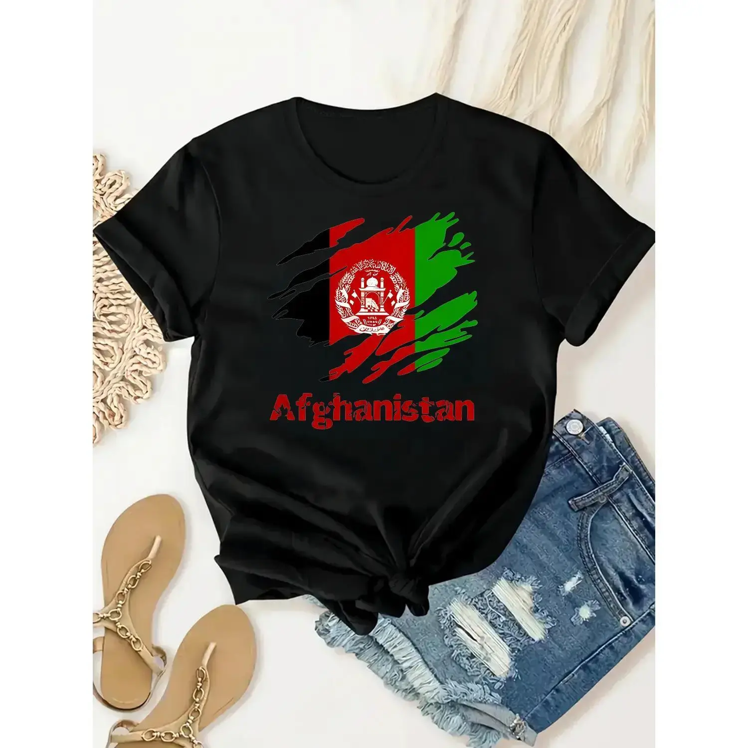 Graphic print Afghanistan inspired Cotton T-shirt casual polyester knit hoodie with pocket slight stretch for fall winter