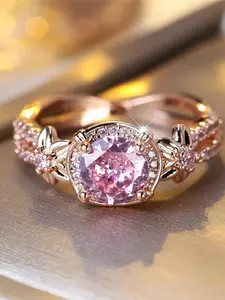 Trendy Pink Red Zirconia Round Stone Vintage Rose Gold Color Wedding Bands Engagement Rings For Women Men Minimalist Jewelry Artificial Zircon Ring
