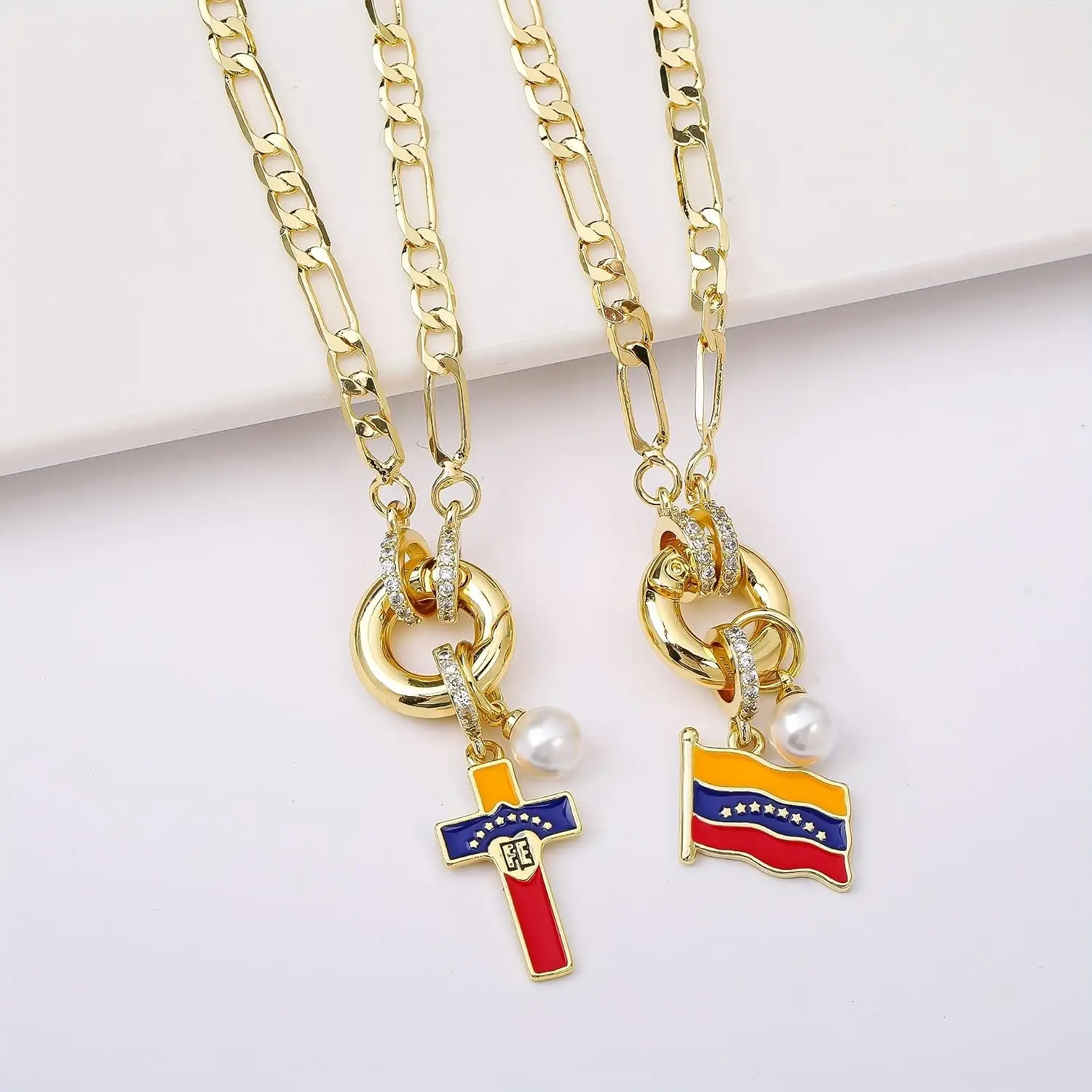 Venezuela Flag Necklace, Copper Figaro Chain with CZ Ring and Faux Pearl, 17.7in Pendant Necklace for Men Women