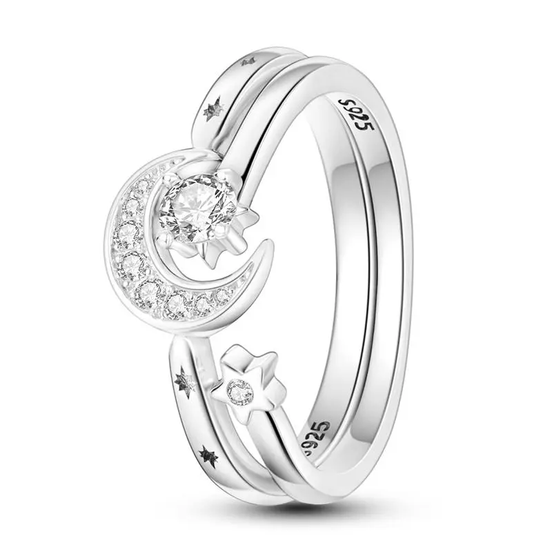 NARMO 925 silver-plated double ring moon and star ring, white gold-plated celestial stackable ring, inlaid with cubic zirconia, is the best holiday gift for girls and women