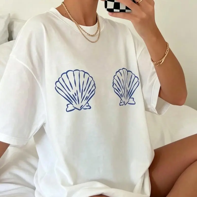 Women's Y2K Seashell Print Oversized Fit Short T-Shirt, Trendy Aesthetic Streetwear Crewneck Tee for Beach, Everyday & Casual Wear, Top