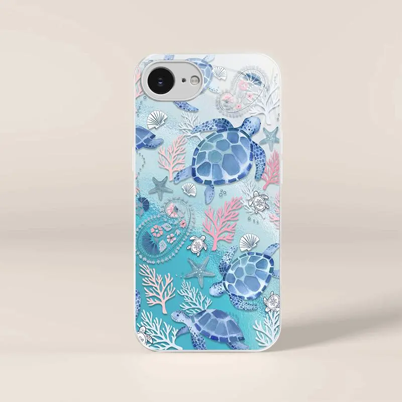 Coastal aesthetic vibes! Cute watercolor sea turtle case for iPhone 16e, ocean scenery and seashell cover for girls, TikTok viral — 975