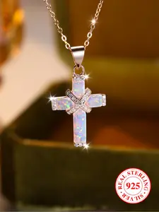 925 Sterling Silver Fashion Colorful Cross Pendant Necklace with Box, Elegant Jewelry for Women for Party, Daily Decor, Trendy Jewelry for Birthday Gift, Classic Cross Pendant