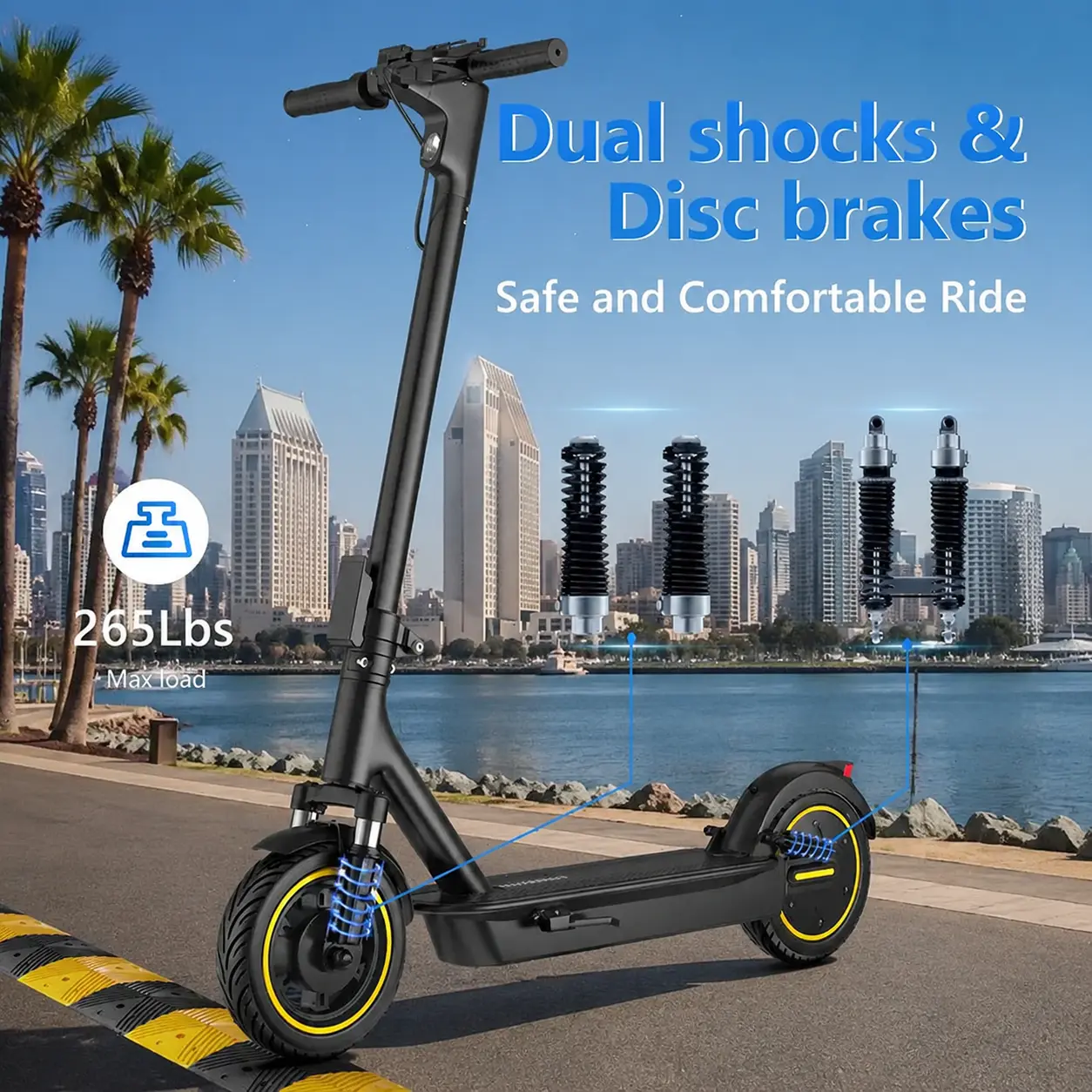 Esmax High-Speed Electric Scooter 10-inch solid tires 500W motor with front and rear dual shock absorption, range of 22-30 miles, top speed of 22 mph, dual braking system, LED lights, app control, aluminum alloy frame, Springtok。