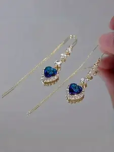 Vintage Luxury Heart-Shaped Blue Crystal Dangle Earrings for Women, Synthetic Stone, Alloy with Crystal Inlay, Statement Earrings, Perfect Gift
