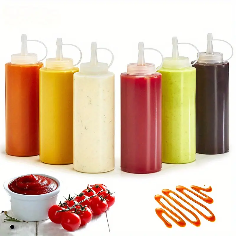 3/5/6Pcs 240ml Plastic Squeeze Condiment Bottles with Leakproof Tip Cap, Space-Saving Vertical Design, Precise Squeeze Control Nozzle for Pretend Play Restaurant, Home Cooking, Food Truck Kitchen Storage