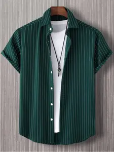 Homme Men Striped Button Front Urban Plain Short Sleeve Shirt Without Tee, For Husband, Green And White Striped Shirt, Dark Green Striped Shirt, Men's Green Striped Shirt, Green Striped Button-Down Shirt