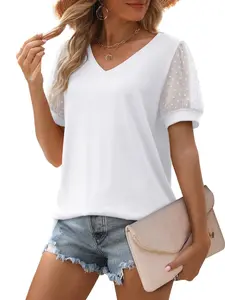 Women's Summer Top V-Neck T-Shirt Swiss Dot Puff Sleeve Top Loose-Fit Casual T-Shirt