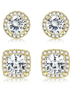 2 Pairs 925 Sterling Silver Mens Earrings Cubic Zirconia Halo Stud Earrings for Men 18K Gold Plated Heart/Round/Square Cut CZ Stud Earrings Set for Women Men